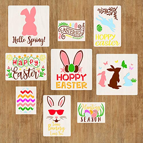 Product Cover 9 PCS Easter Stencils for Painting on Wood Floor Tile Bunny Egg Stencil for DIY Easter Scrapbooking and Home Fabric Wall Décor