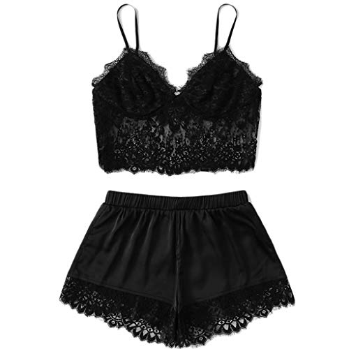 Product Cover Muicook Women Sexy Lingerie Camisole Bow Shorts V-Neck Tops 2020 Lace Pajamas Sleepwear Set Underswear（X-Large，A-Black）