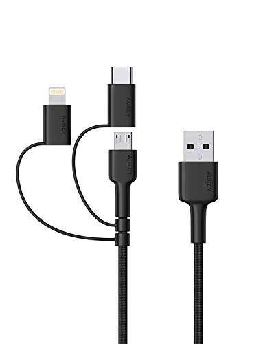 Product Cover AUKEY Multi Charging Cable Lightning/USB-C/Micro USB Cable [4ft MFi Certified] 3 in 1 Charging Cable for iPhone, iPad, Huawei, Samsung Galaxy S10+, LG, HTC, Sony Xperia, Android Smartphones and More