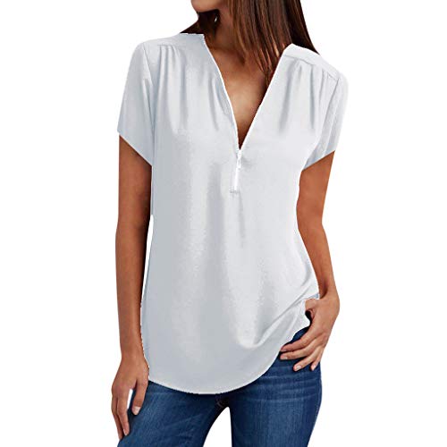 Product Cover Womens Casual Solid Blouse Summer Loose Vest V- Neck Zipper Loose T-Shirt